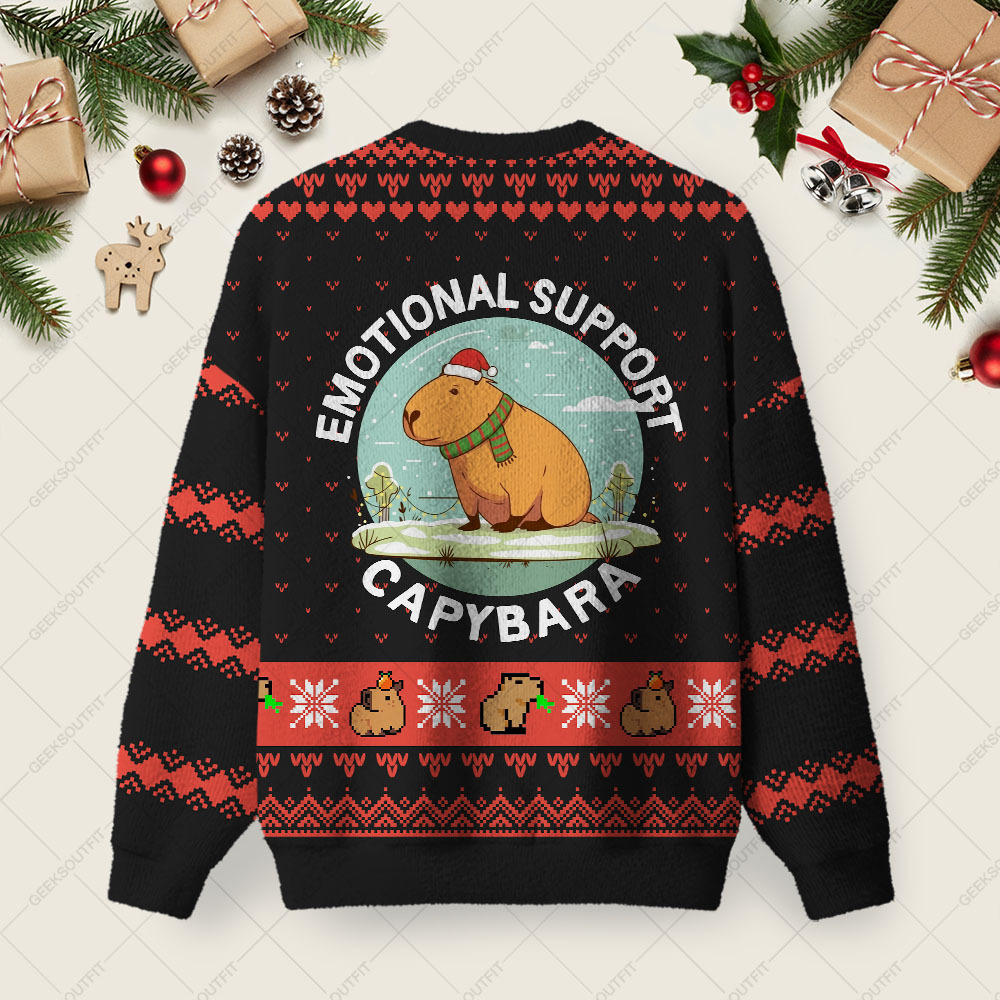 Emotional Support Capybara Ugly Christmas Fuzzy Fleece Sweatshirt