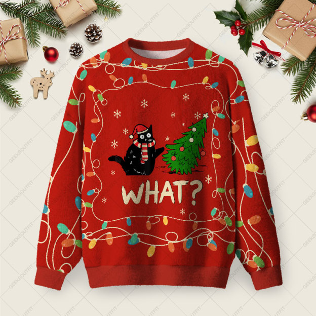 Christmas Cat What Red Ugly Christmas Fuzzy Fleece Sweatshirt