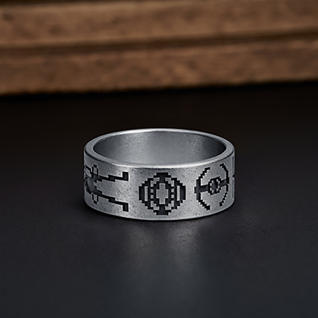 Pixel Battle Ship Geek Silver Band Ring