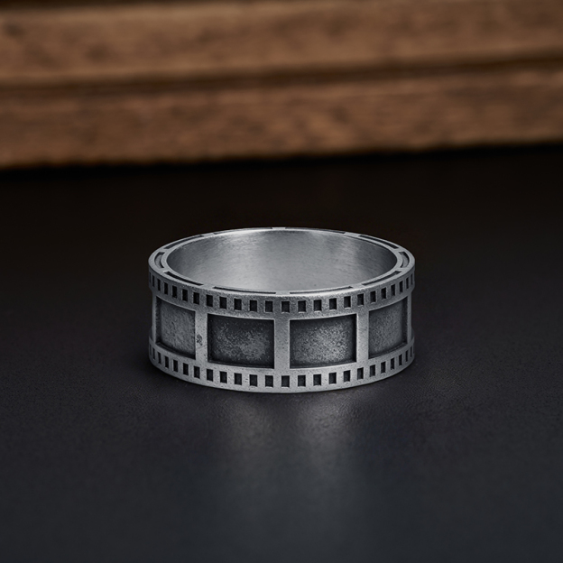 Film Reel Geek Silver Band Ring