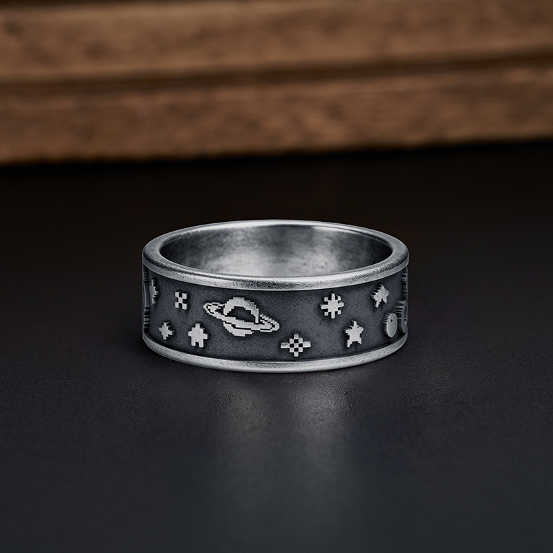 Pixel Space Cat Retro Geek Silver Band Ring