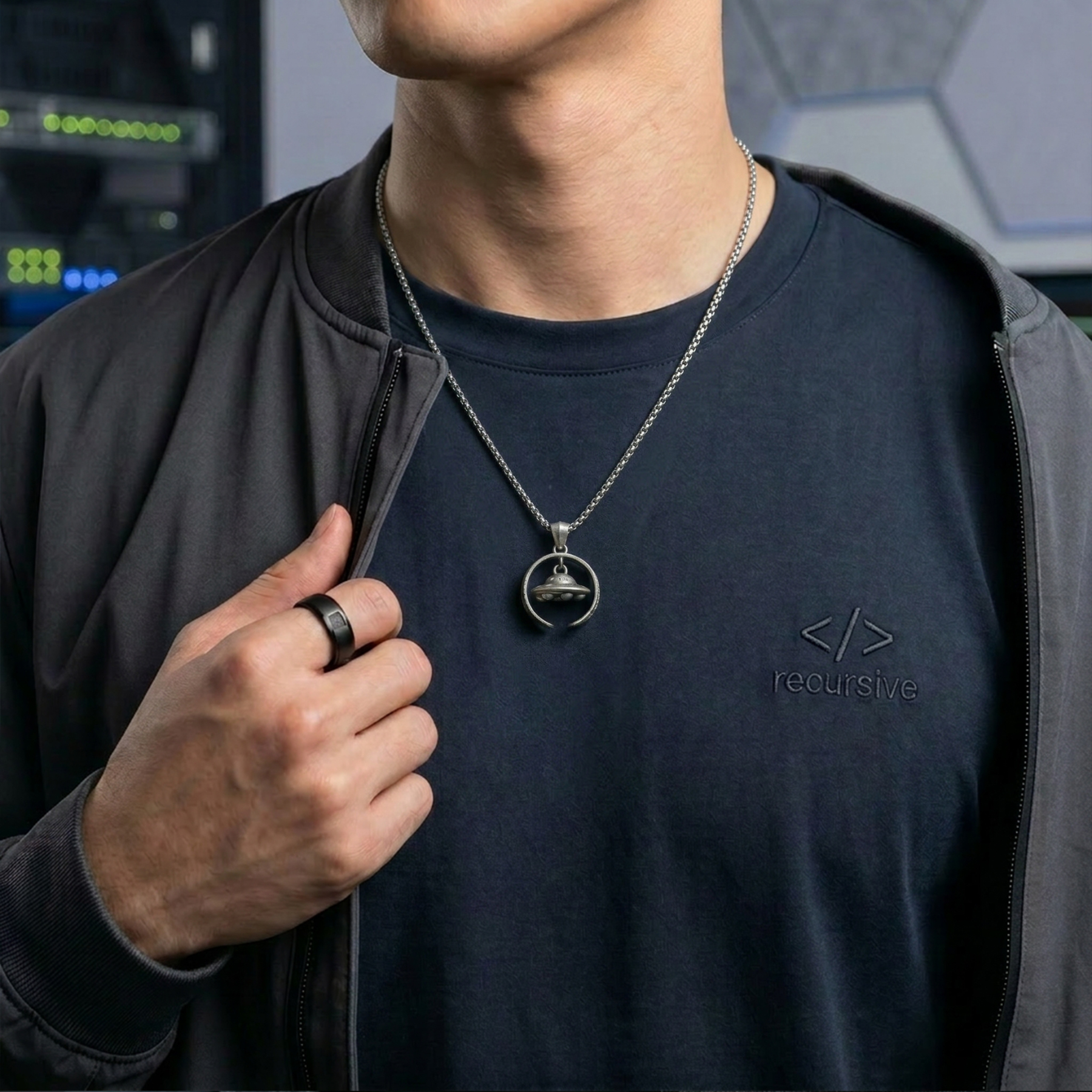 UFO Nerd Crescent Moon Geek Sculptural Necklace