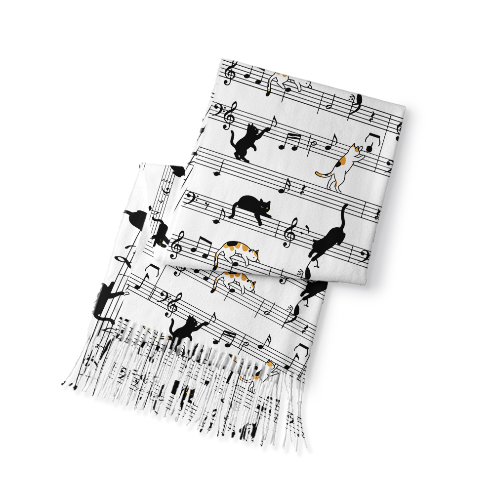 Meow-sic Notes Playful Kittens on Musical Staff Geek Soft Fringed Scarf