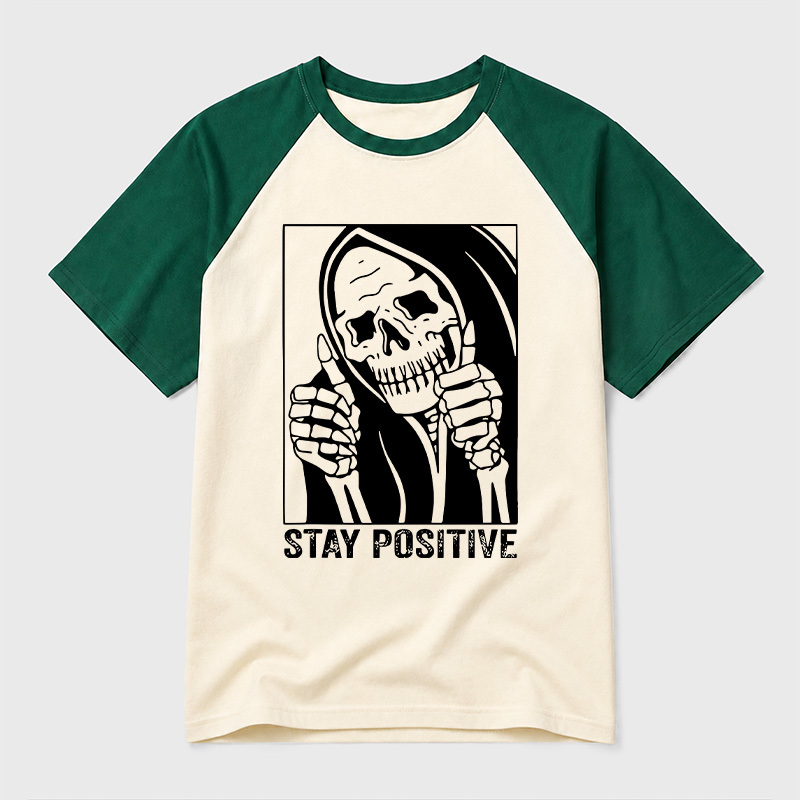Skull Stay Positive Skeleton Geek Retro Raglan T-Shirt
