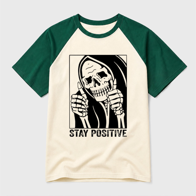 Skull Stay Positive Skeleton Geek Retro Raglan T-Shirt