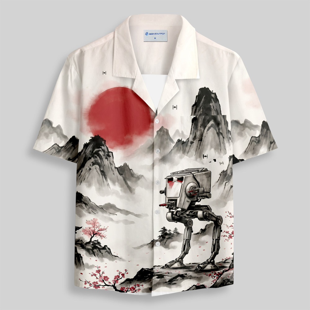 Red Sun Ink Wash Mechanical Robot Button Up Pocket Shirt