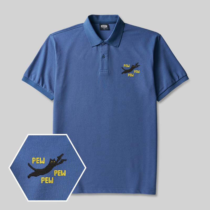 Pew Pew Pew Cat Geek Embroidered Polo Shirts