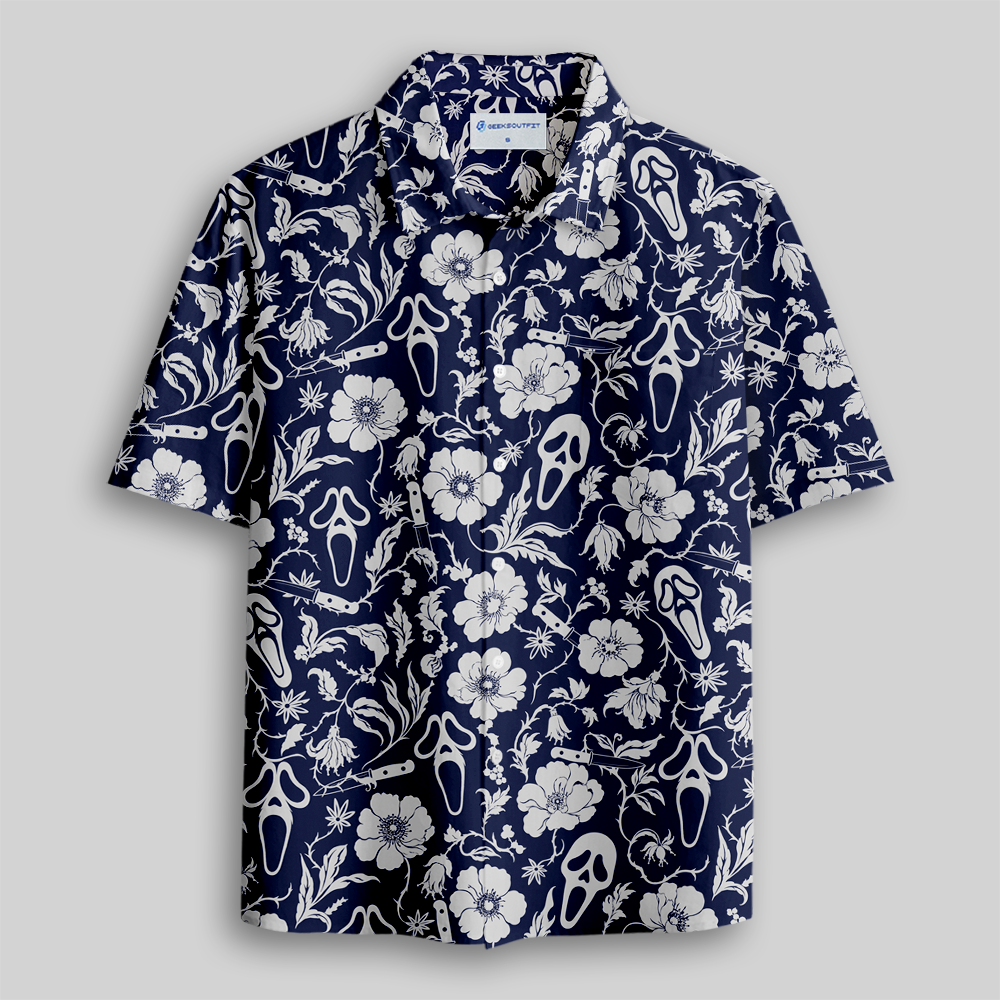 Navy Creepy Mask Botanical Seamless Button Up Pocket Shirt