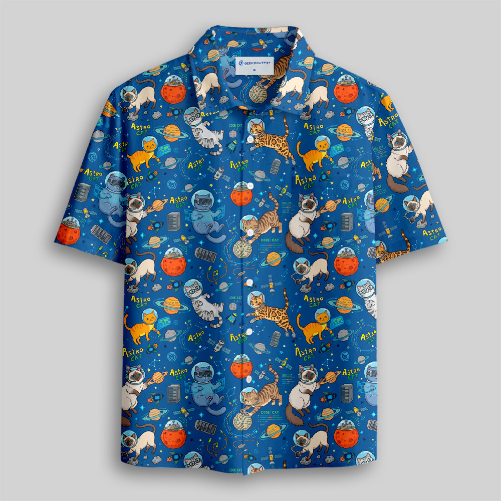 Retro Space Kittens Button Up Pocket Shirt