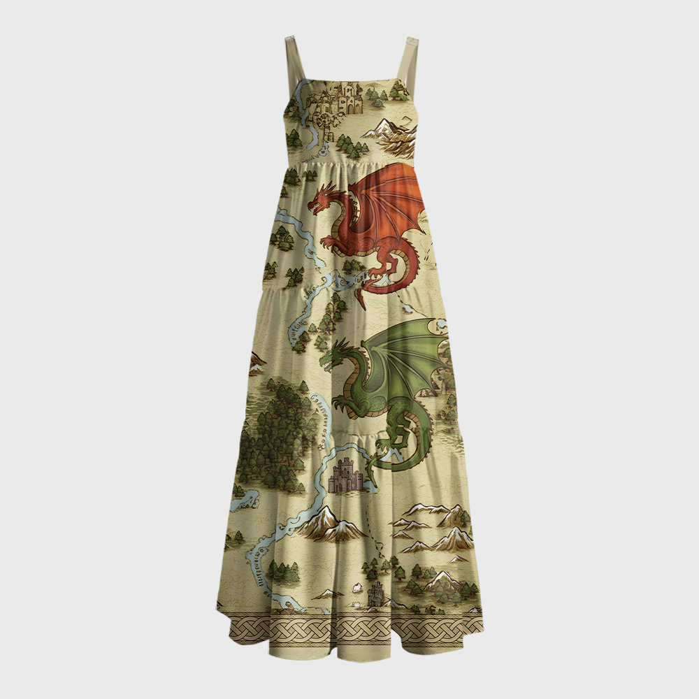 Retro SciFi Dragon Map Geek Tiered Cami Maxi Dress