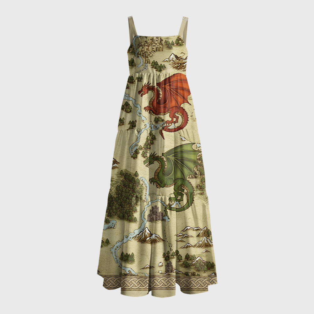 Retro SciFi Dragon Map Geek Tiered Cami Maxi Dress