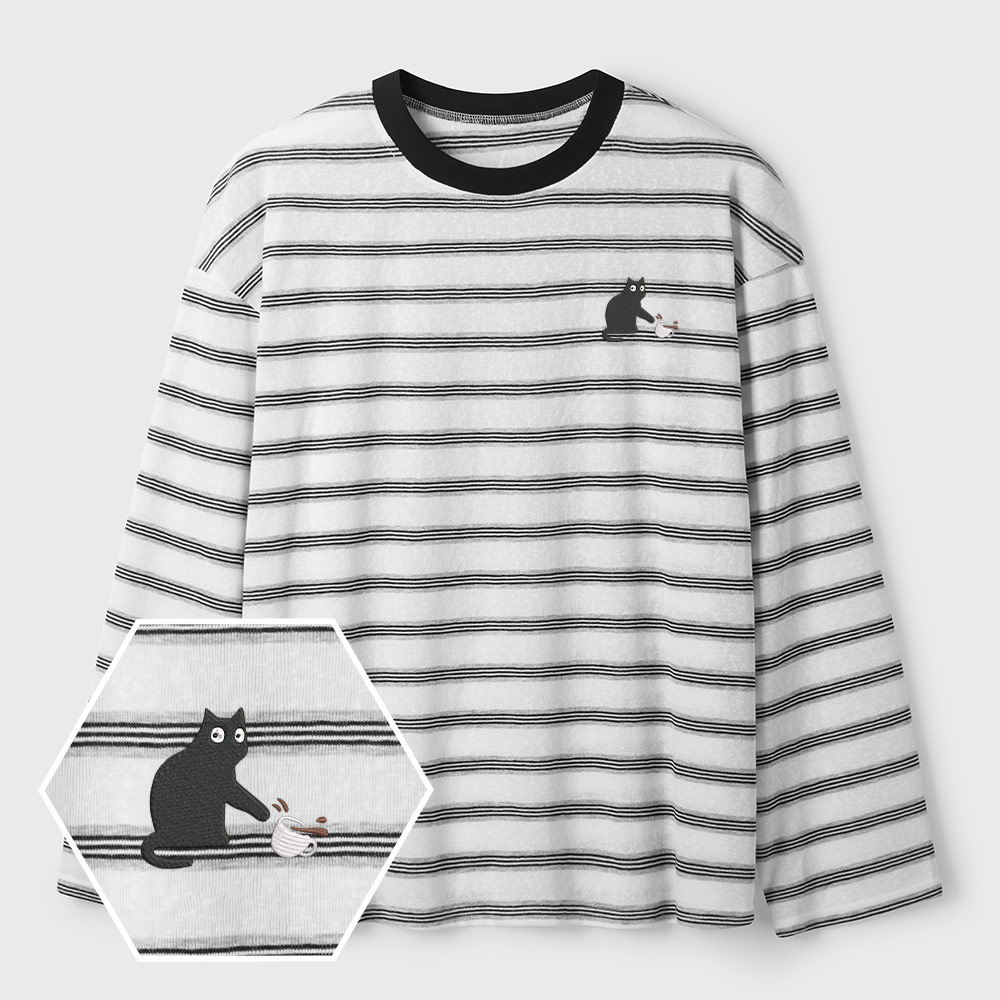 Playful Cat Lycra Striped Embroidered Long-Sleeve Shirts
