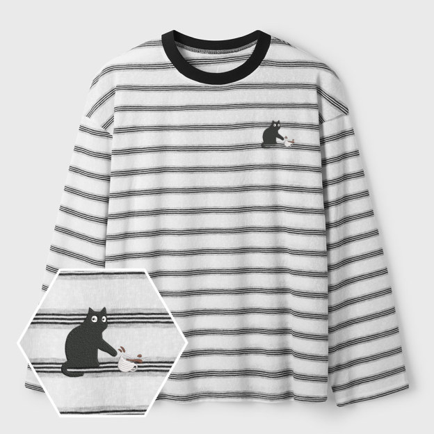 Playful Cat Lycra Striped Embroidered Long-Sleeve Shirts