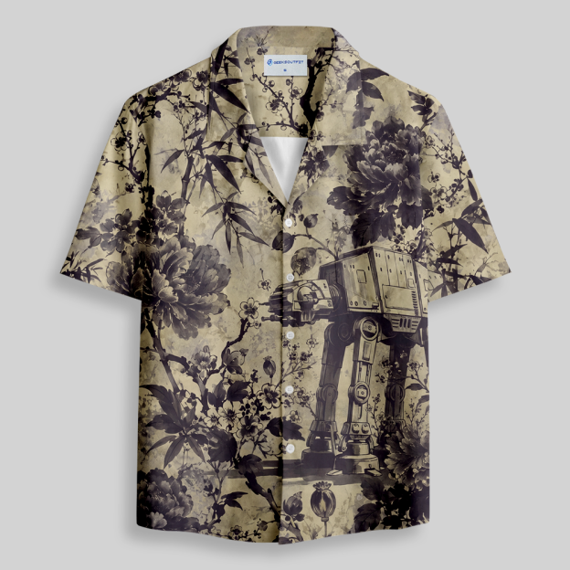 Ink Floral Robot Sci-Fi Button Up Pocket Shirt