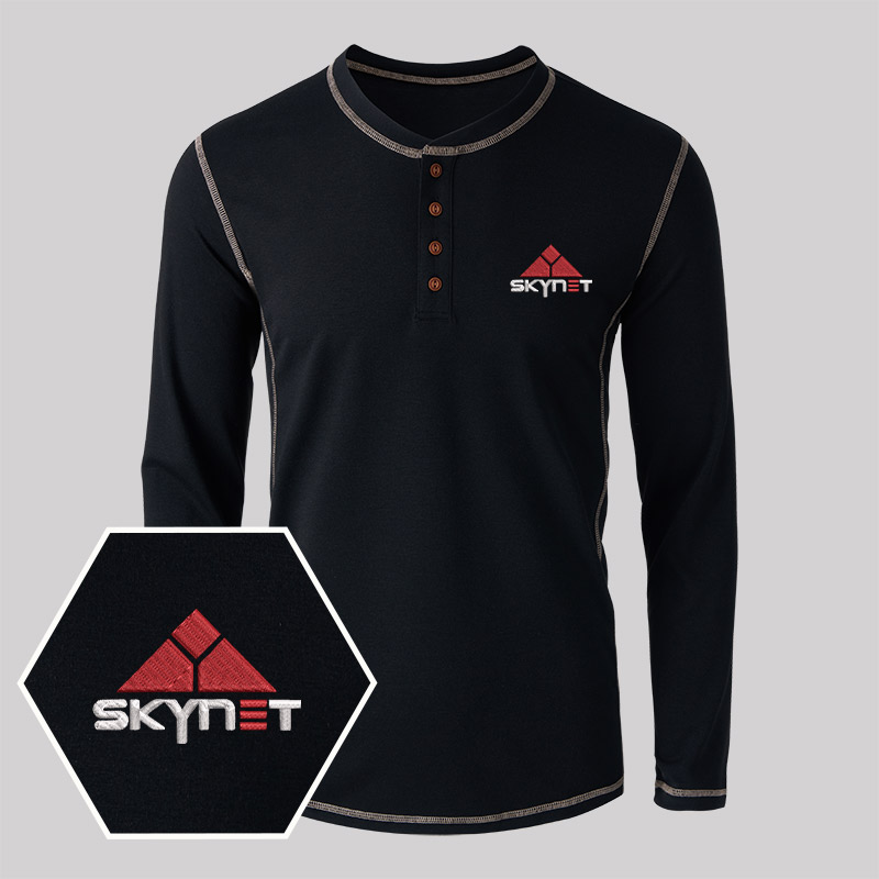 Skynet Core Geek Embroidered Long Sleeve Henley Shirts