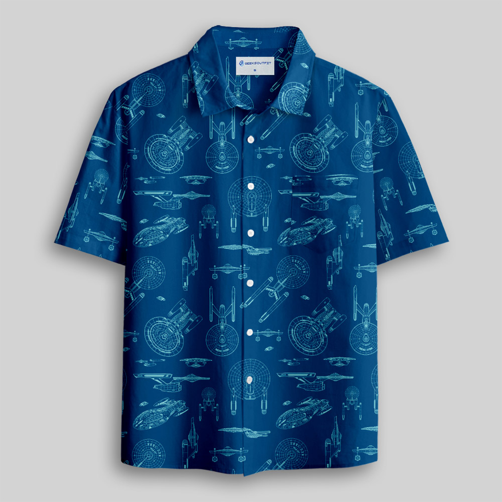 Spaceship Line Drawing Button Up Pocket Shirt