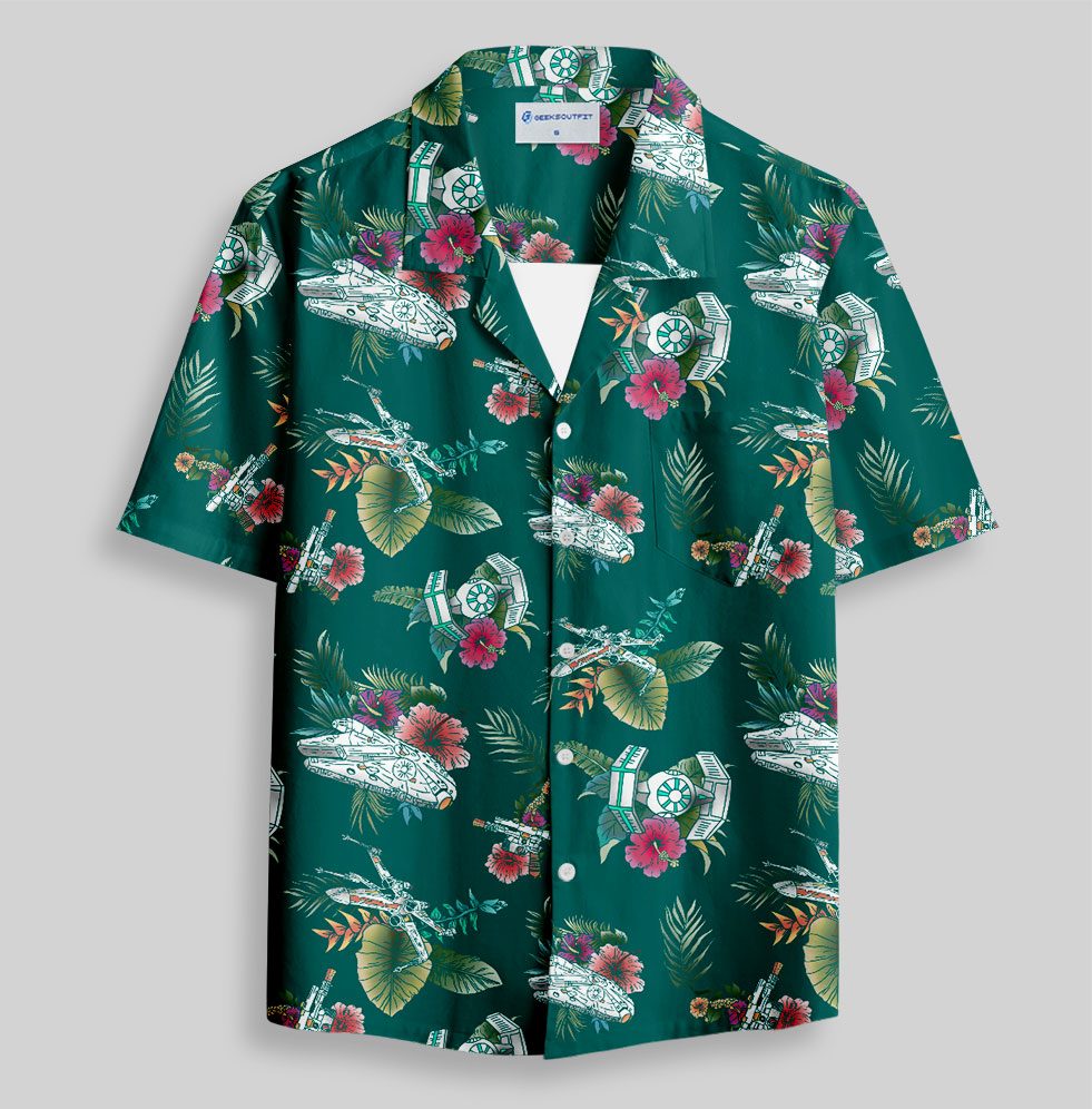 Space Fighter Tropical Flowers Button Up Pocket Shirt