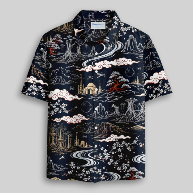 Galactic Landscape Ukiyo-e Button Up Pocket Shirt