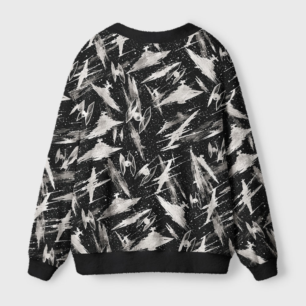 Galaxy Battle Ships Black White Seamless Geek Ugly Cardigan Sweaters