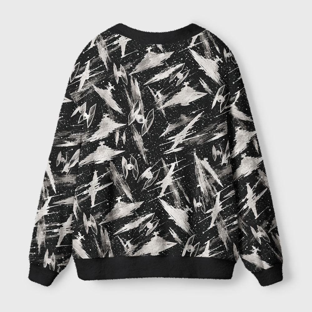 Galaxy Battle Ships Black White Seamless Geek Ugly Cardigan Sweaters