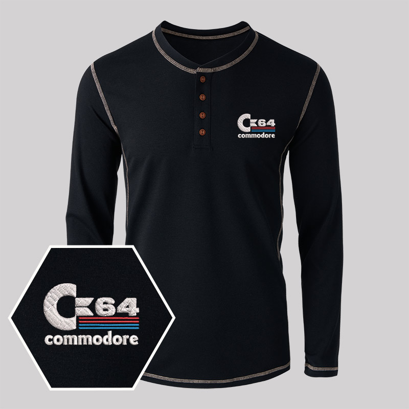 C64 Embroidered Long Sleeve Henley Shirts