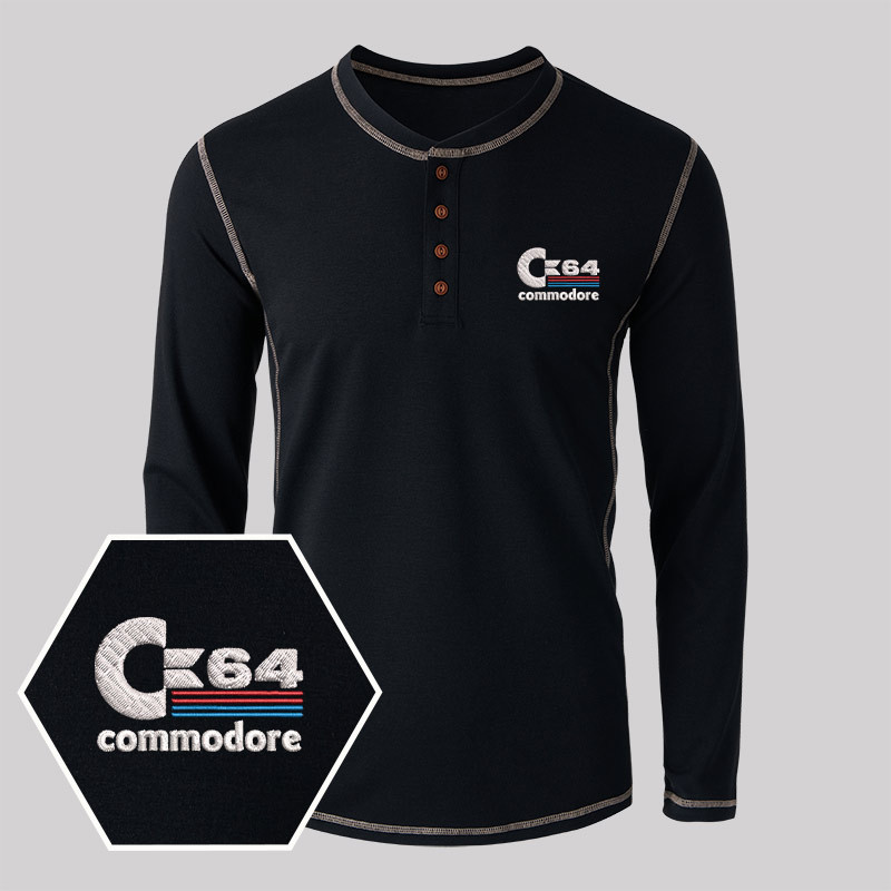 C64 Embroidered Long Sleeve Henley Shirts