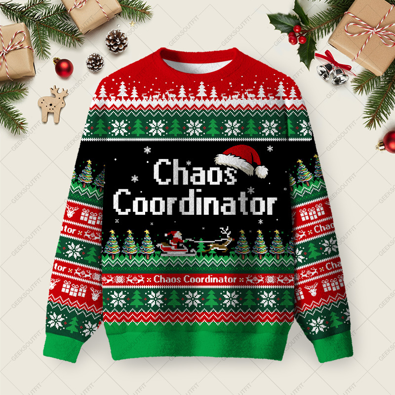 Geeksoutfit Chaos Coordinator Ugly Christmas Fuzzy Fleece Sweatshirt for Sale
