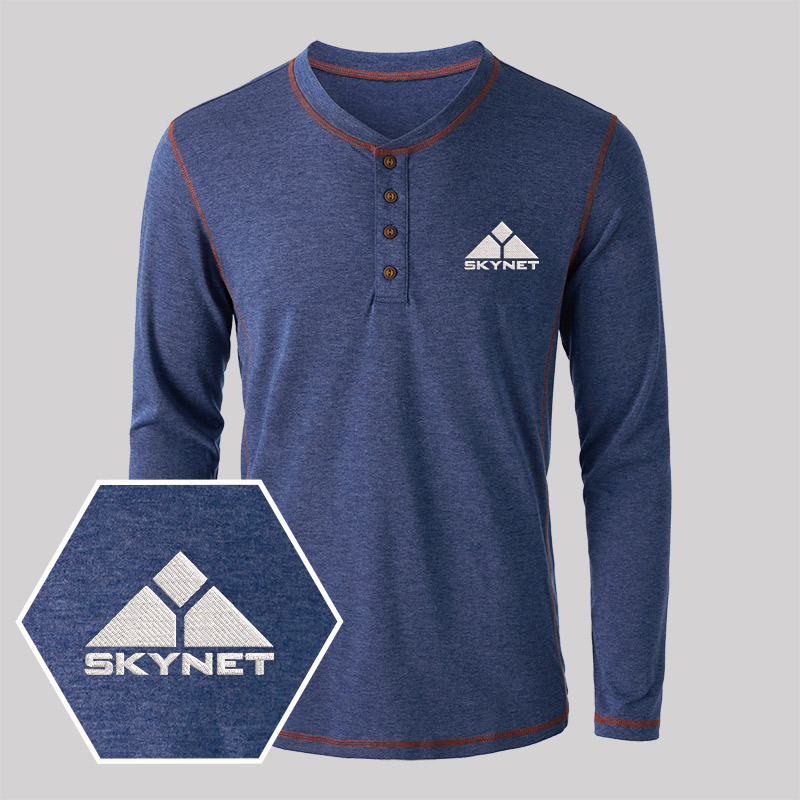 Skynet Embroidered Long Sleeve Henley Shirts
