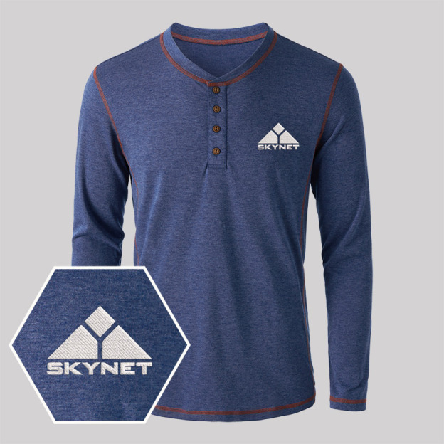 Skynet Embroidered Long Sleeve Henley Shirts