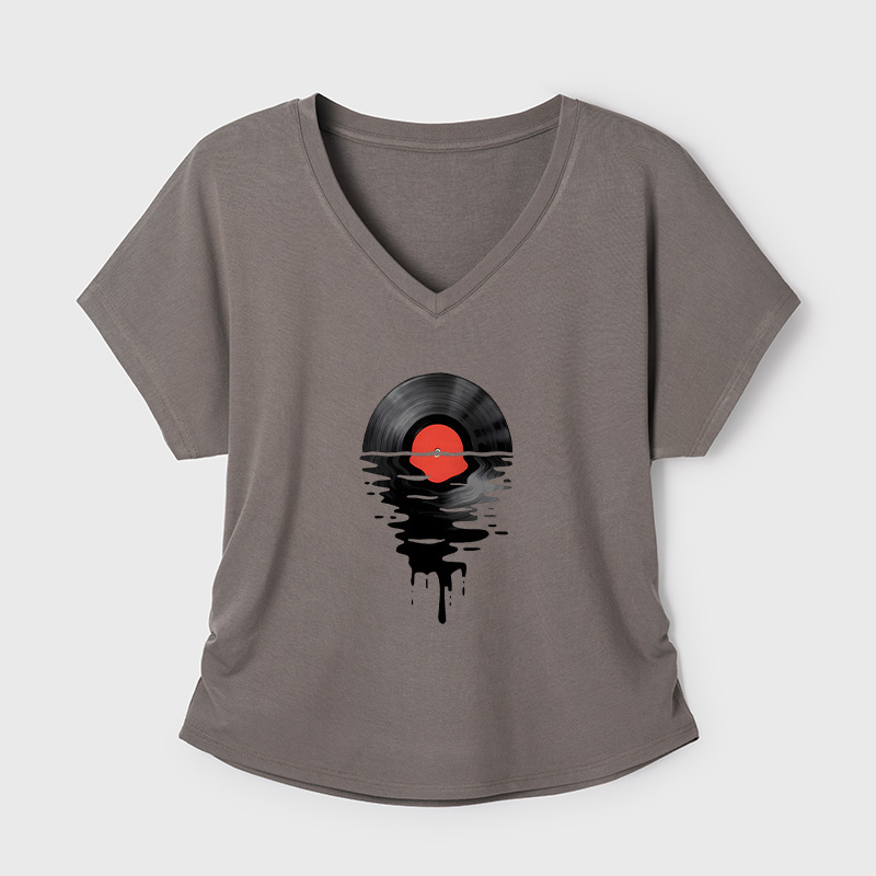 Vinyl LP Music Record Sunset Red Geek Dolman Sleeve V-Neck Shirt