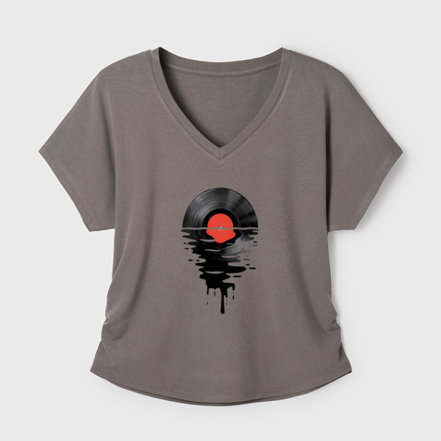 Vinyl LP Music Record Sunset Red Geek Dolman Sleeve V-Neck Shirt
