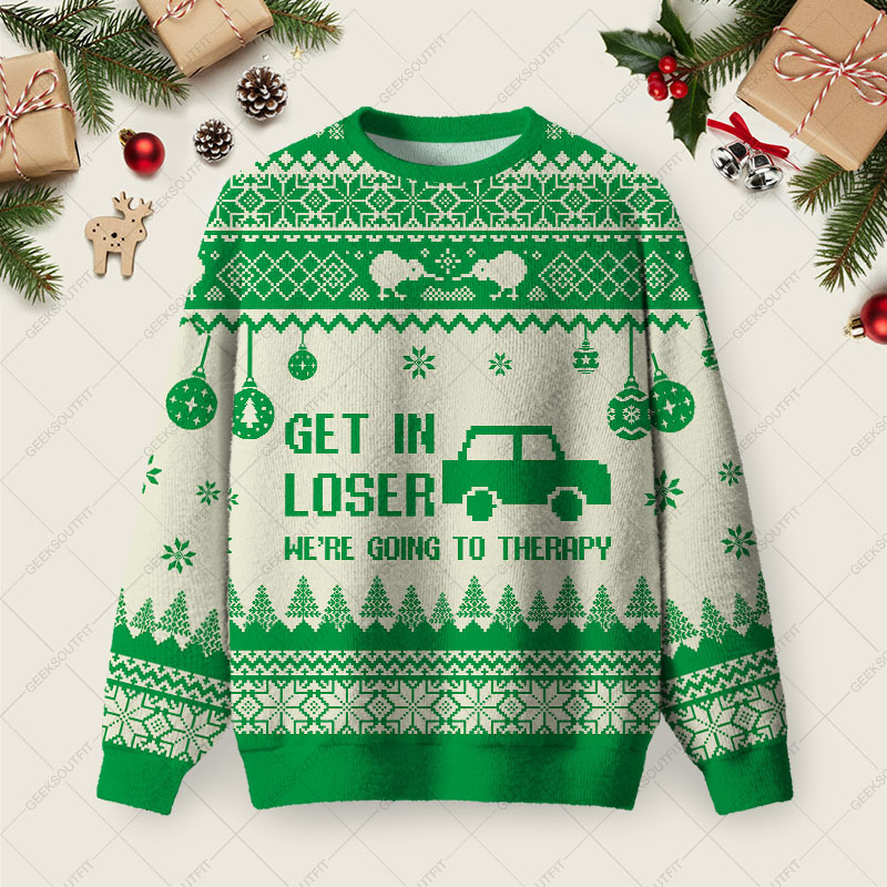 Geeksoutfit Get In Loser We’re Going To Therapy Ugly Christmas Fuzzy Fleece Sweatshirt for Sale
