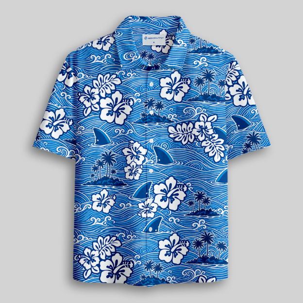 Blue Ocean Wave Hibiscus Tropical Button Up Pocket Shirt