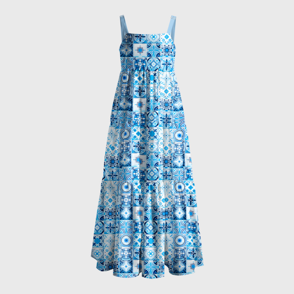 Portuguese Retro Tile Pattern Geek Tiered Cami Maxi Dress