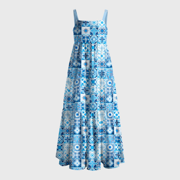 Portuguese Retro Tile Pattern Geek Tiered Cami Maxi Dress