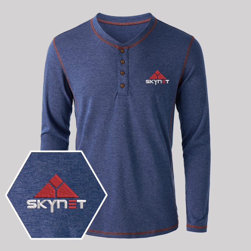Skynet Core Geek Embroidered Long Sleeve Henley Shirts