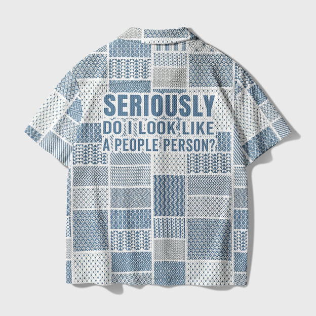 Coastal Indigo Patchwork Mixed Geometry Geek Waffle Knit Crochet Shirt