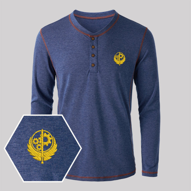 Brotherhood of Steel Geek Embroidered Long Sleeve Henley Shirts