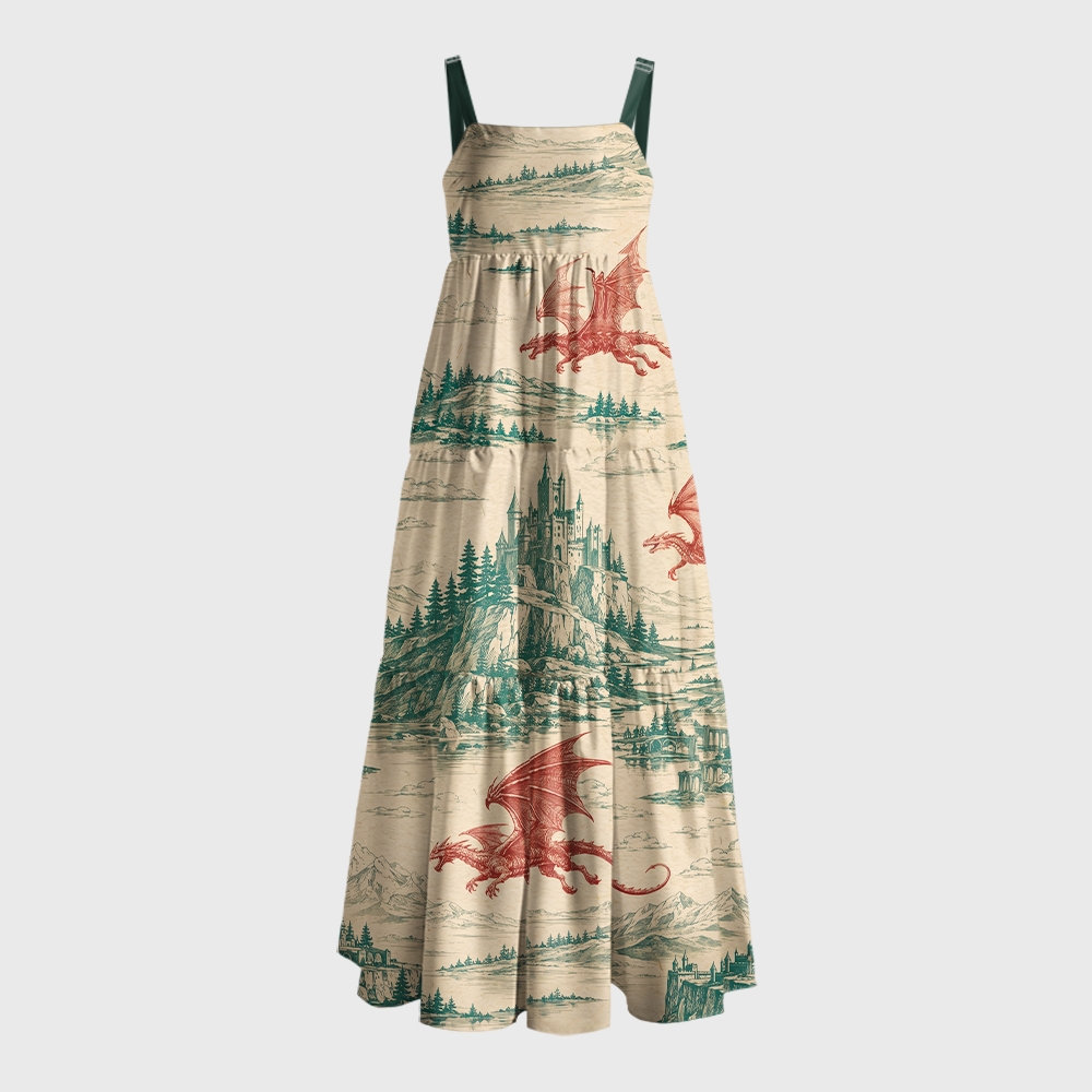 Medieval Fantasy Flying Dragons & Cliff Castle Landscape Geek Tiered Cami Maxi Dress