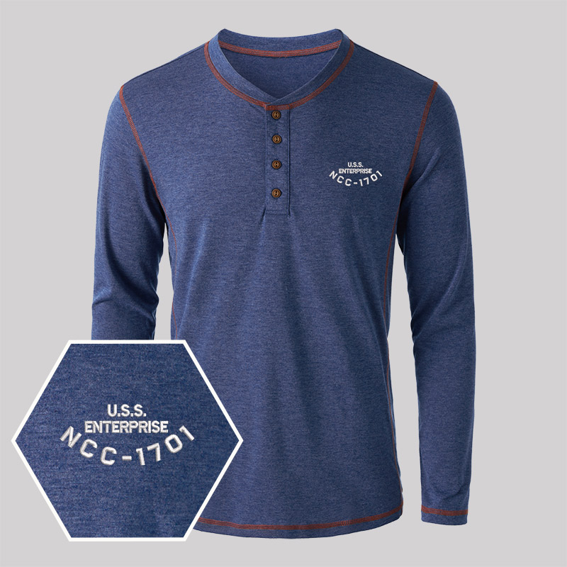 U.S.S. Enterprise NCC-1701 Geek Embroidered Long Sleeve Henley Shirts