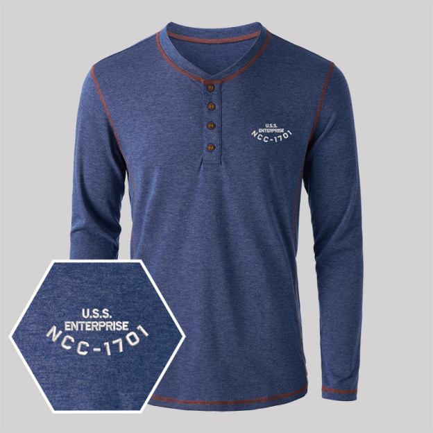 U.S.S. Enterprise NCC-1701 Geek Embroidered Long Sleeve Henley Shirts