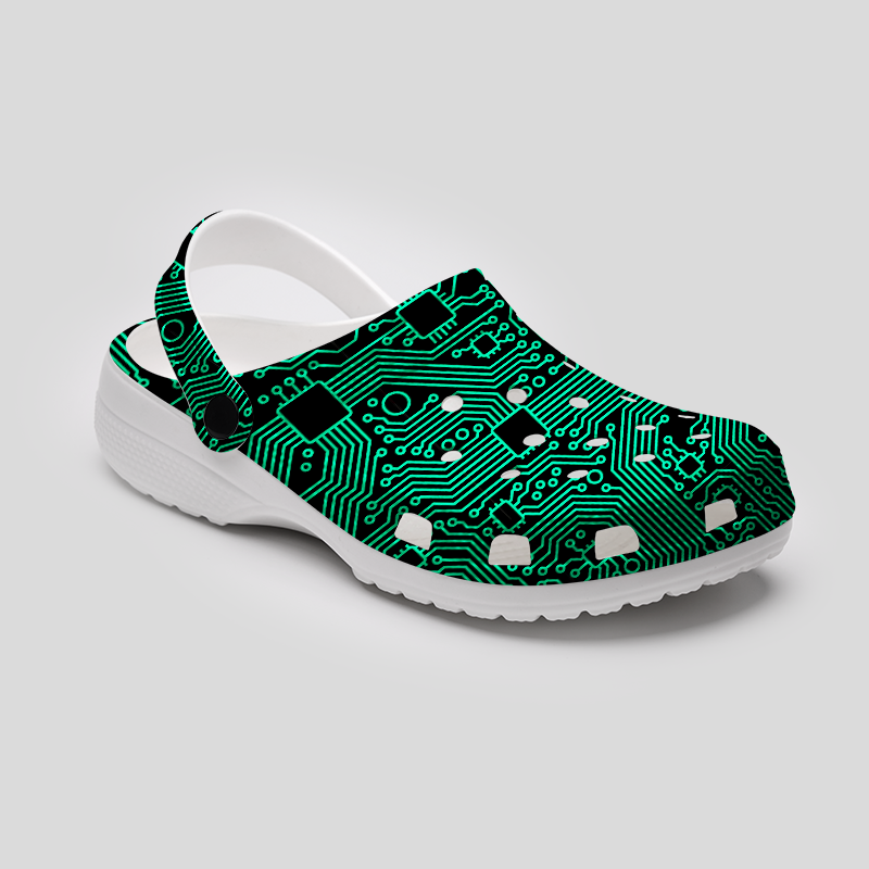 Computer Circuit Board Green Geek Rubber Clogs
