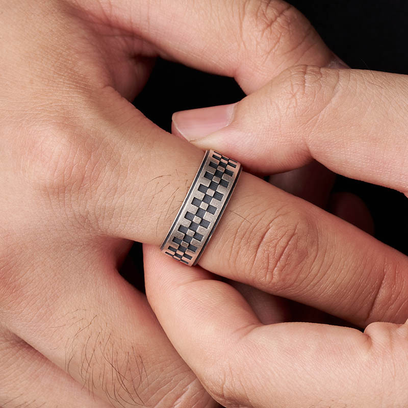 Checkerboard Geek Silver Band Ring