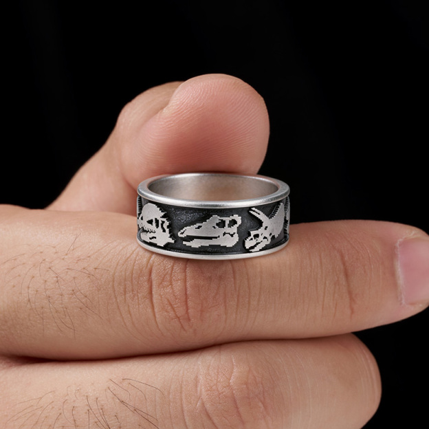 Dinosaur Skull Geek Silver Band Ring