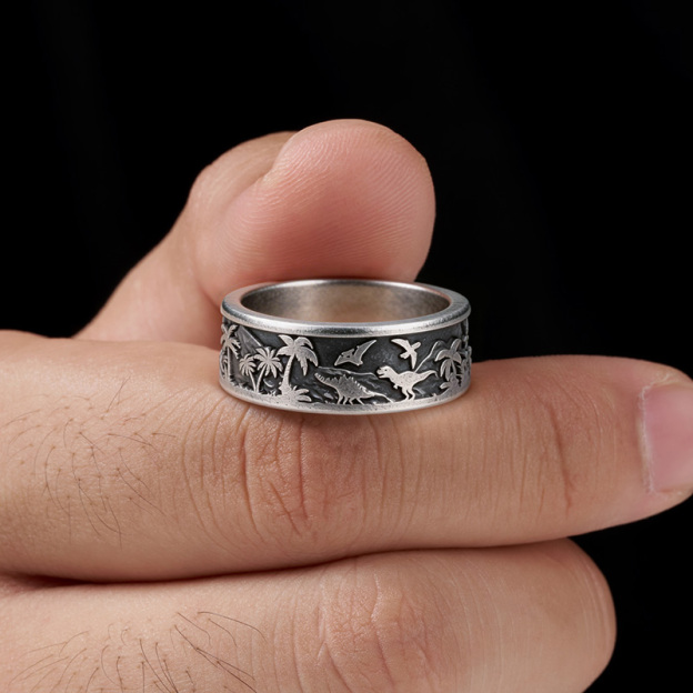 Epoch Of Dinosaur Geek Silver Band Ring