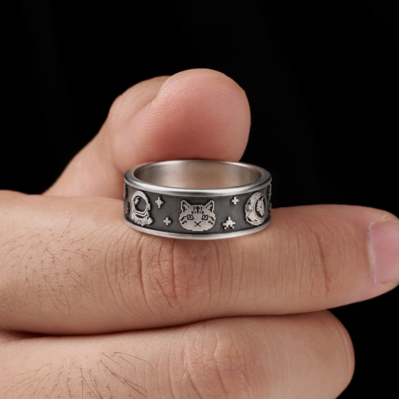 Pixel Space Cat Retro Geek Silver Band Ring