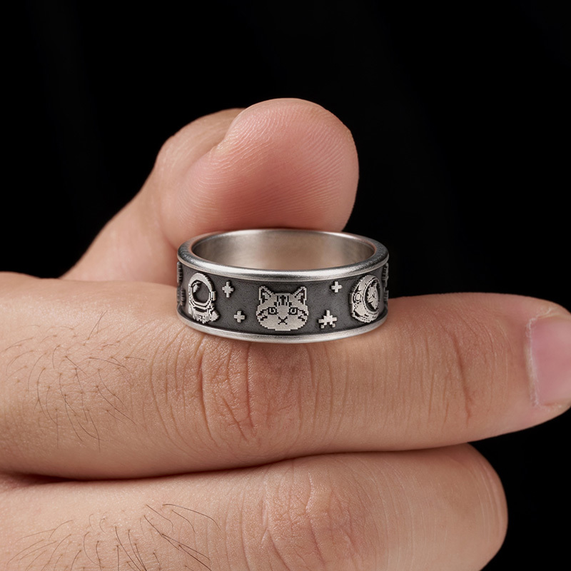 Pixel Space Cat Retro Geek Silver Band Ring