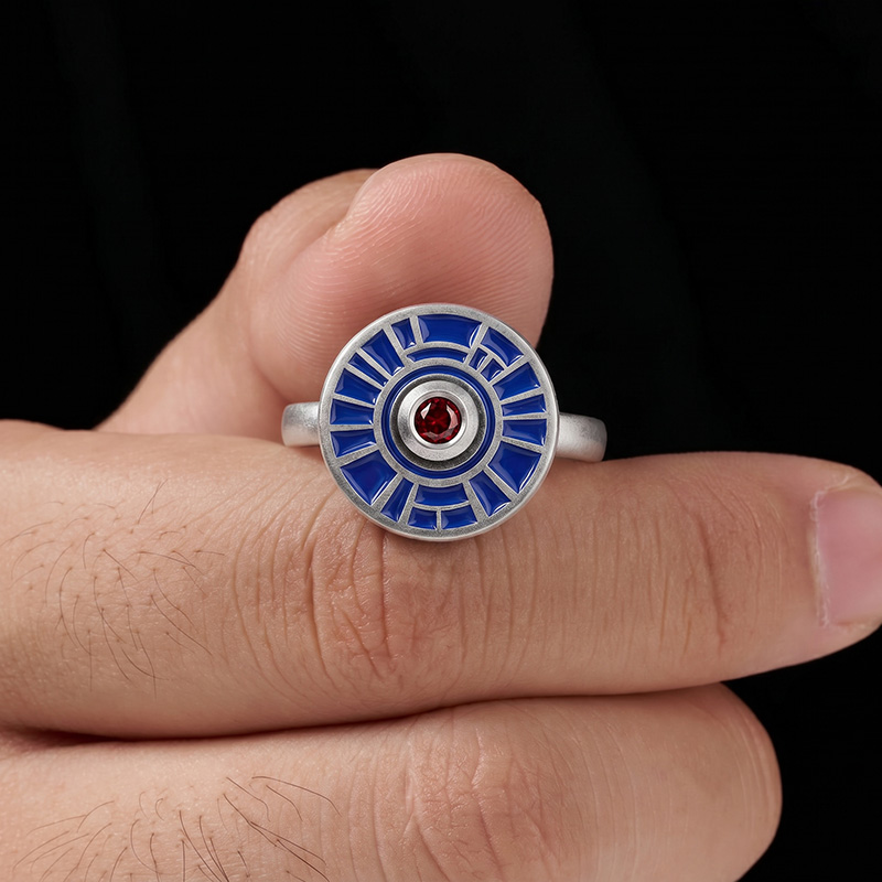 Blue Enamel Mechanical Statement Geek Silver Band Ring