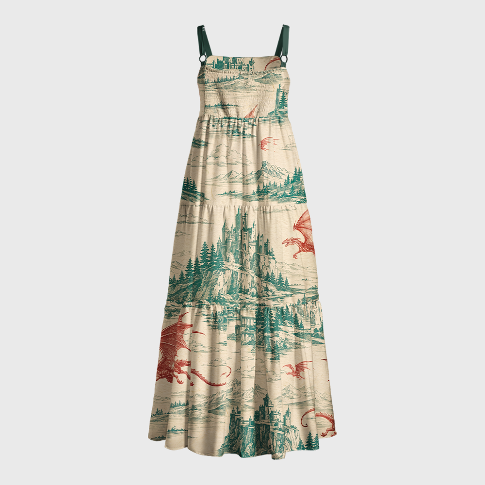 Medieval Fantasy Flying Dragons & Cliff Castle Landscape Geek Tiered Cami Maxi Dress