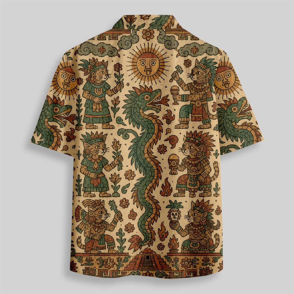 Feathered Serpent Cat Codex Button Up Pocket Shirt